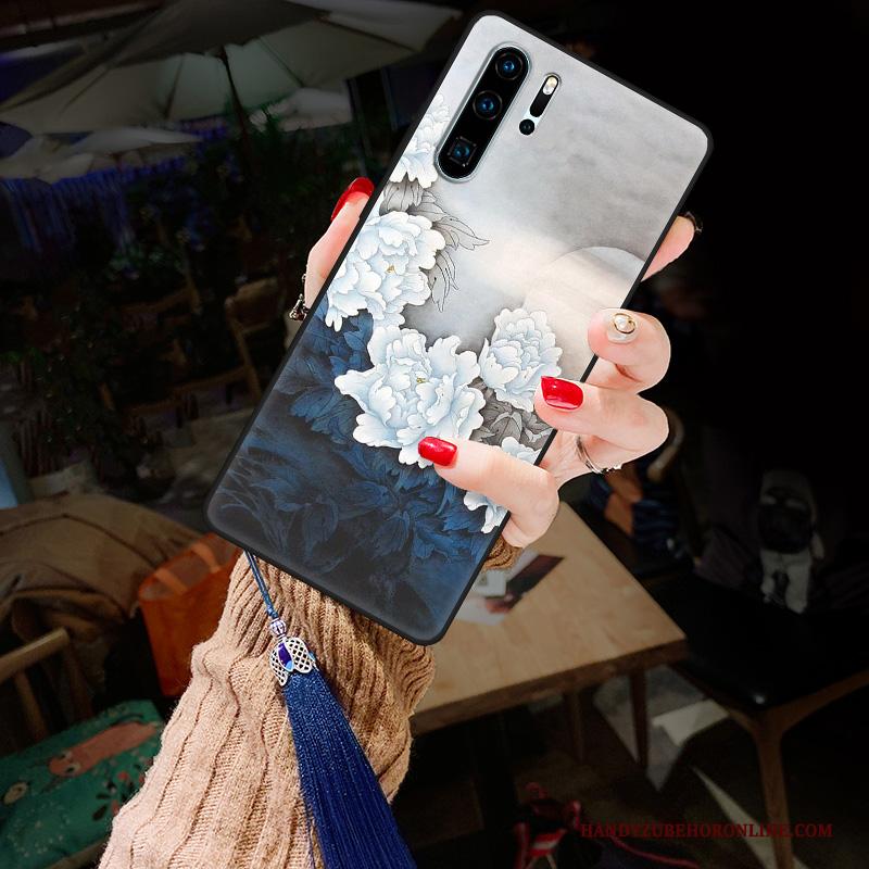 Huawei P30 Pro Bescherming Jeugd Schrobben Hoesje Telefoon Chinese Stijl Pioen Blauw