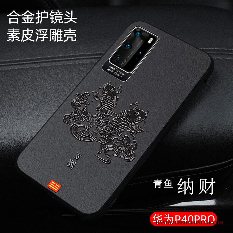 Huawei P40 Pro Bedrijf Zwart Hoesje Telefoon Dun Chinese Stijl High End Reliëf