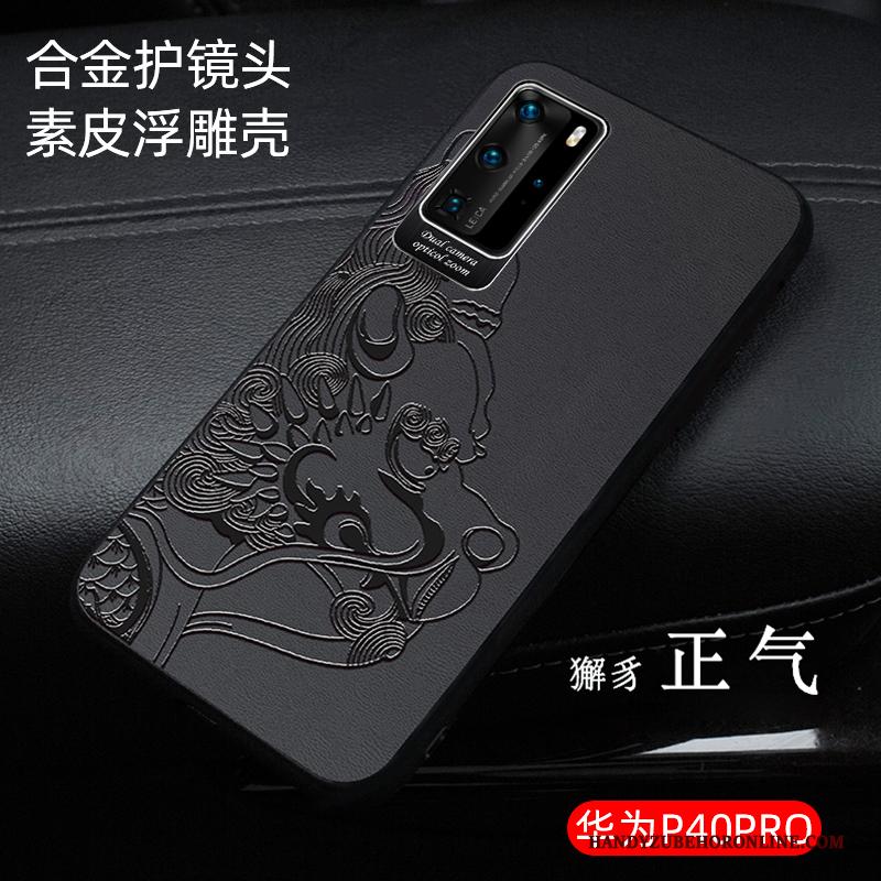 Huawei P40 Pro Bedrijf Zwart Hoesje Telefoon Dun Chinese Stijl High End Reliëf