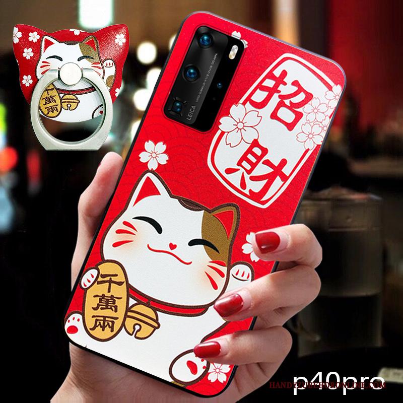 Huawei P40 Pro Scheppend Hoesje Lovers Gesp Kat Trend Rood