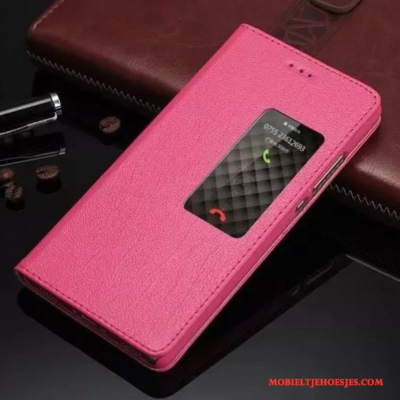 Huawei P8 Clamshell Open Het Venster Hoesje Telefoon Hoge Roze Leren Etui Echt Leer