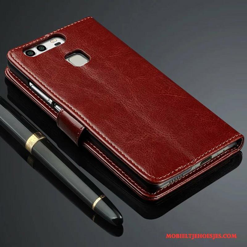 Huawei P9 Plus Hoesje Anti-fall Leren Etui Rood Telefoon Bescherming Folio