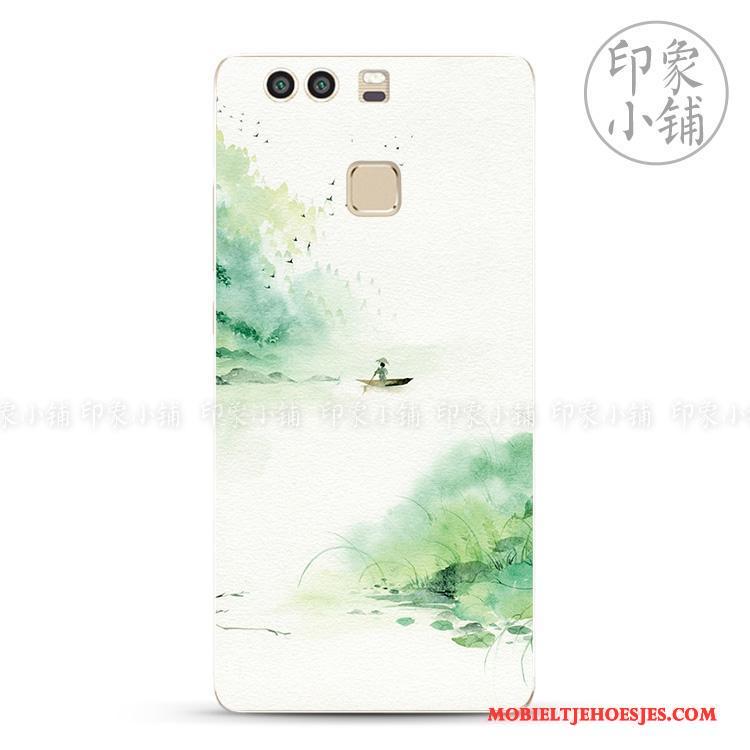 Huawei P9 Plus Hoesje Groen Kunst Vintage Bescherming Handbeschilderde Hoes Eenvoudige