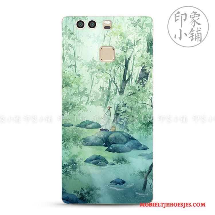 Huawei P9 Plus Hoesje Groen Kunst Vintage Bescherming Handbeschilderde Hoes Eenvoudige