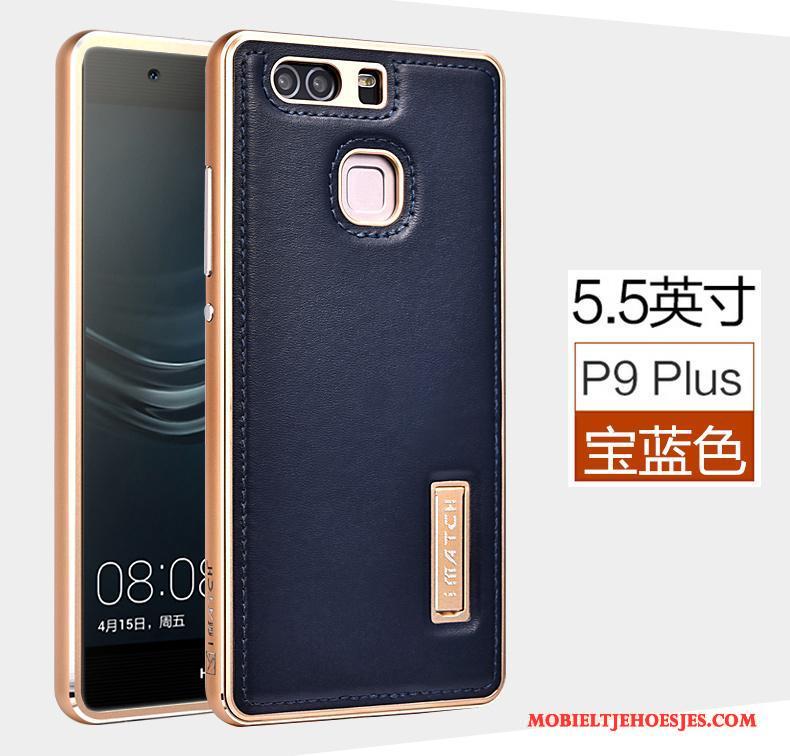 Huawei P9 Plus Hoesje Mobiele Telefoon Echt Leer Hoes Metaal Bedrijf Mesh Blauw