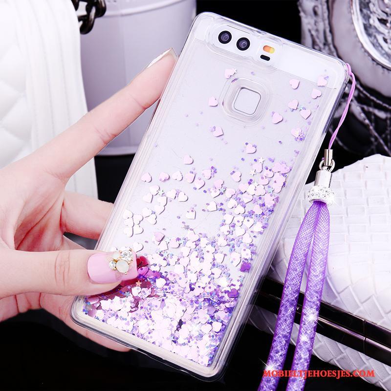 Huawei P9 Plus Zacht Spotprent Drijfzand Hoesje Telefoon Bescherming Opknoping Nek Roze