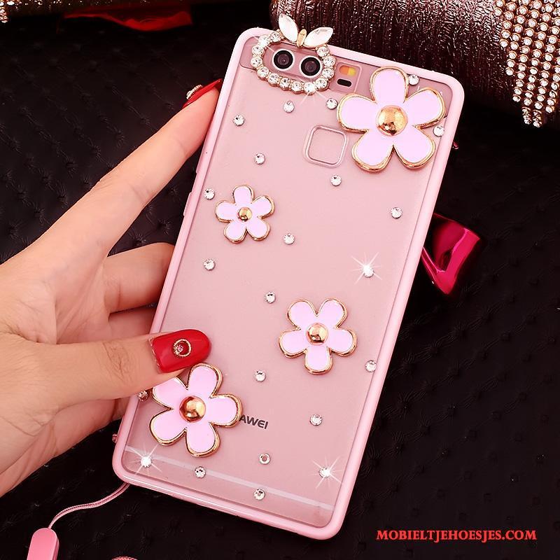 Huawei P9 Siliconen Hanger Hoesje Telefoon Roze Met Strass Bescherming