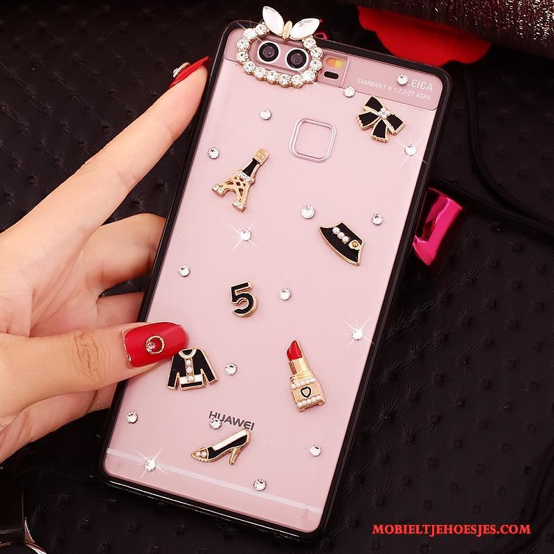 Huawei P9 Siliconen Hanger Hoesje Telefoon Roze Met Strass Bescherming