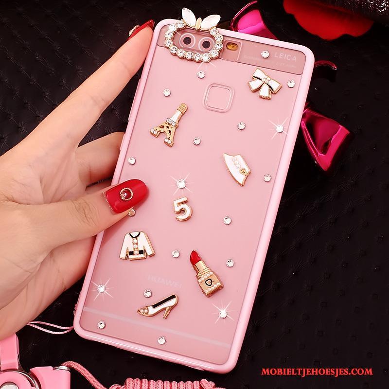 Huawei P9 Siliconen Hanger Hoesje Telefoon Roze Met Strass Bescherming