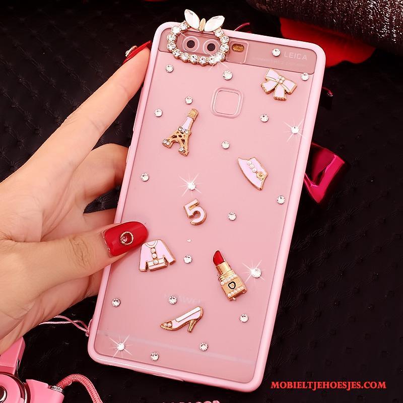 Huawei P9 Siliconen Hanger Hoesje Telefoon Roze Met Strass Bescherming