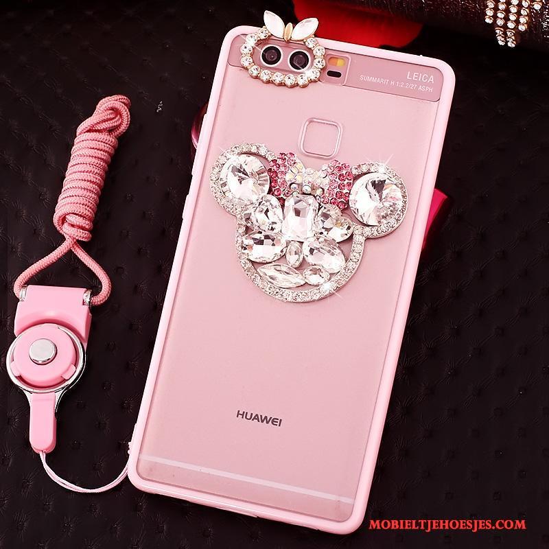 Huawei P9 Siliconen Hanger Hoesje Telefoon Roze Met Strass Bescherming