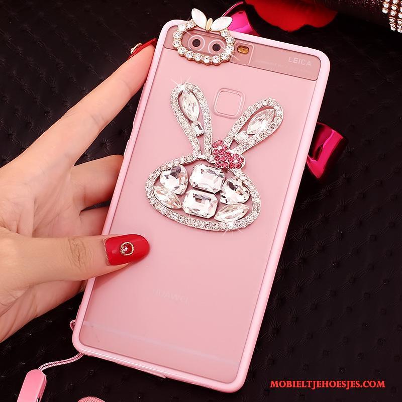 Huawei P9 Siliconen Hanger Hoesje Telefoon Roze Met Strass Bescherming