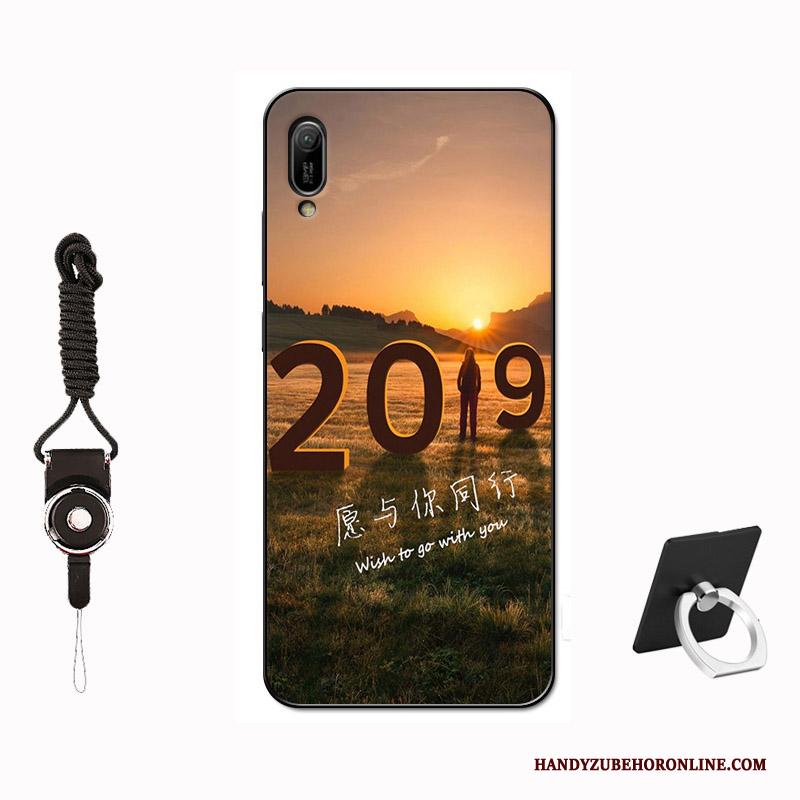 Huawei Y6 2019 Hoes Zwart Patroon Hoesje Telefoon Eenvoudige Tempereren Zacht