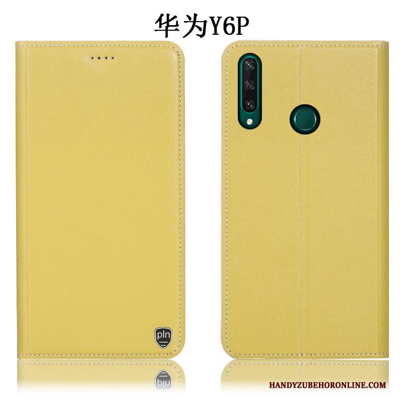 Huawei Y6p Hoes Hoesje Telefoon Anti-fall Bescherming Echt Leer Geel Folio