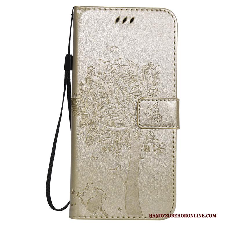 Huawei Y7 2019 Anti-fall Hoesje Telefoon Folio Leren Etui Goud Kat All Inclusive