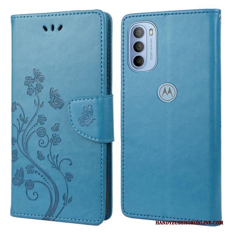 Leren Hoesje voor Moto G51 5G Met Ketting Prachtige Riemvlinders