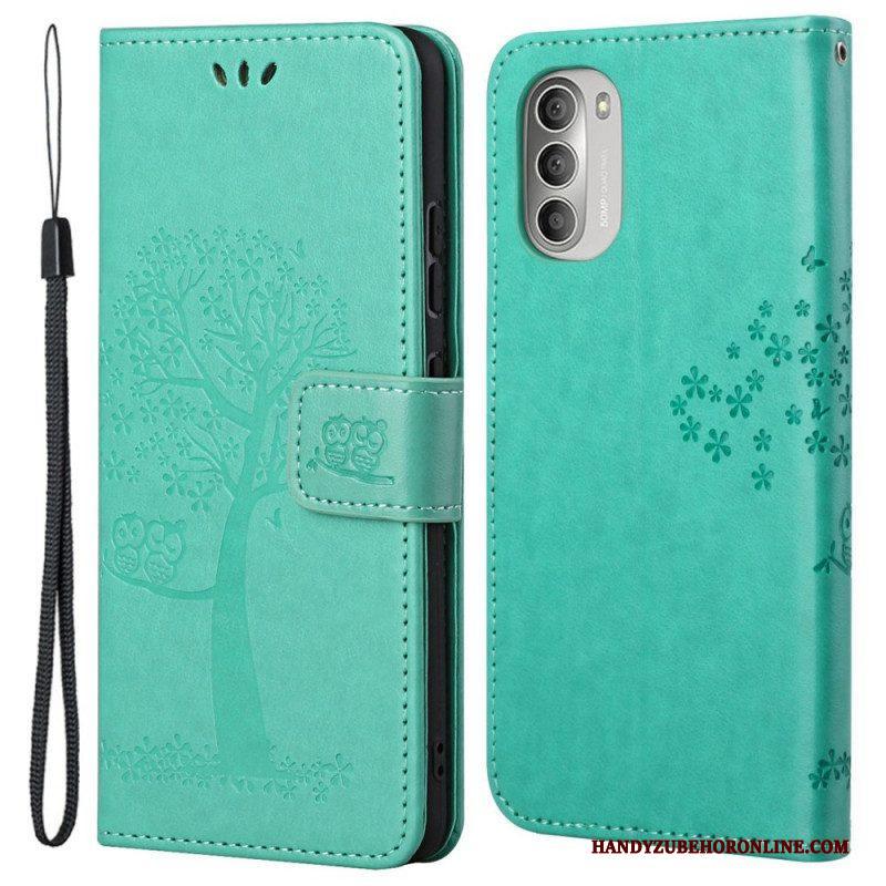 Leren Hoesje voor Moto G51 5G Met Ketting String Boom En Uilen