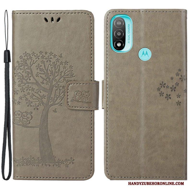 Leren Hoesje voor Moto G71 5G Met Ketting String Boom En Uilen