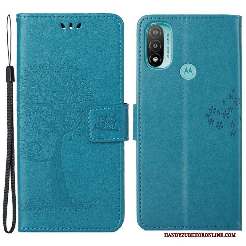 Leren Hoesje voor Moto G71 5G Met Ketting String Boom En Uilen