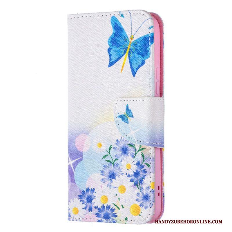 Leren Hoesje voor Samsung Galaxy S22 5G Geschilderde Vlinders En Bloemen