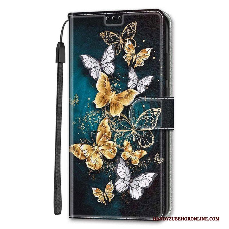 Leren Hoesje voor Samsung Galaxy S22 Ultra 5G Met Ketting Riem Vlinders Waaier