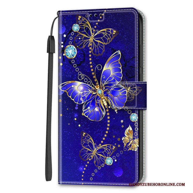 Leren Hoesje voor Samsung Galaxy S22 Ultra 5G Met Ketting Riem Vlinders Waaier