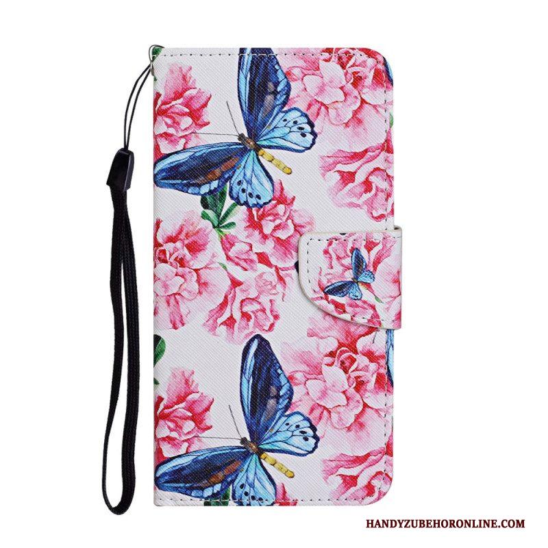 Leren Hoesje voor Samsung Galaxy S22 Ultra 5G Vlinders Floral Lanyard