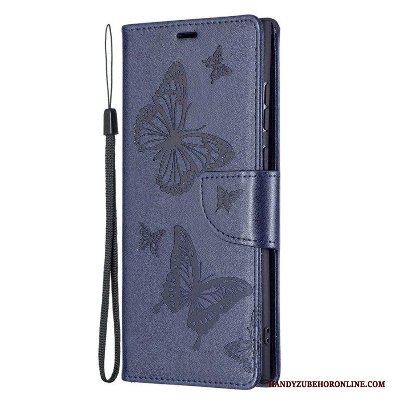 Leren Hoesje voor Samsung Galaxy S22 Ultra 5G Vlinders Tijdens De Vlucht Met Lanyard