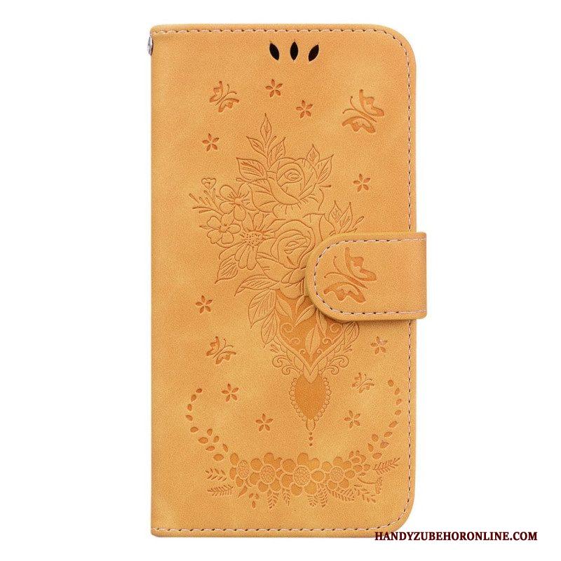 Leren Hoesje voor Samsung Galaxy S23 5G Met Ketting Strappy Rozen En Vlinders