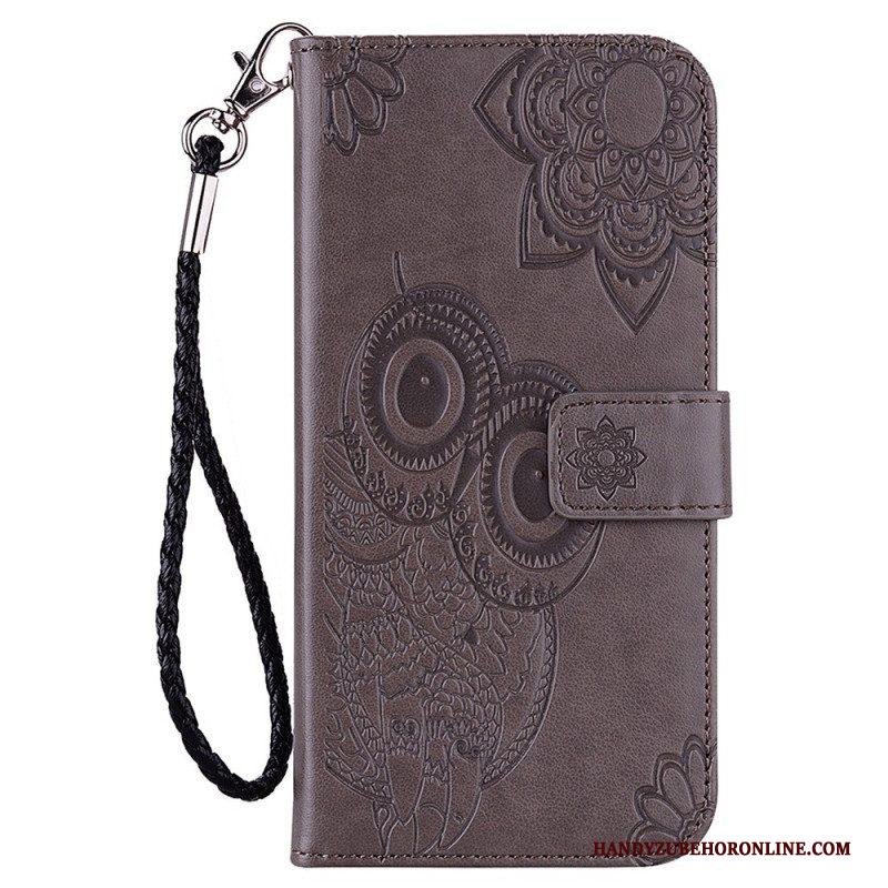 Leren Hoesje voor Samsung Galaxy S23 5G Uil Mandala En Lanyard