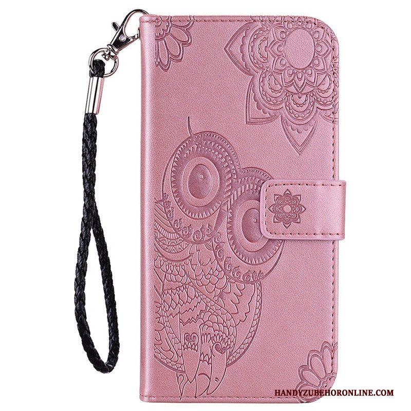 Leren Hoesje voor Samsung Galaxy S23 5G Uil Mandala En Lanyard