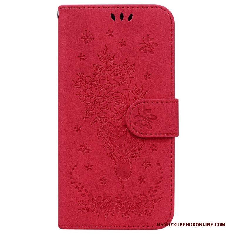 Leren Hoesje voor Xiaomi 12 / 12X Met Ketting Strappy Rozen En Vlinders