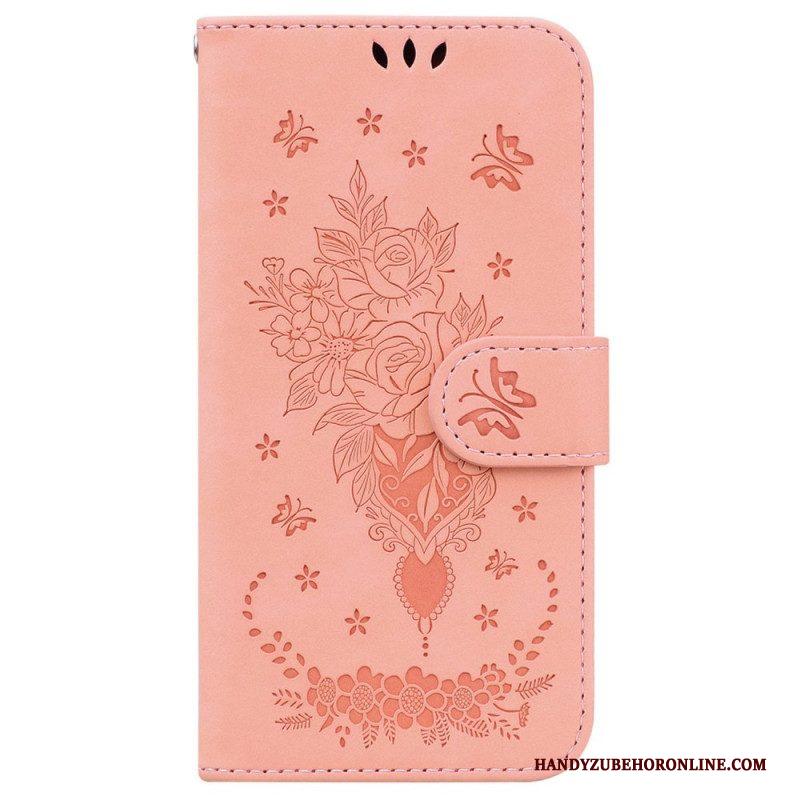 Leren Hoesje voor Xiaomi 12 / 12X Met Ketting Strappy Rozen En Vlinders