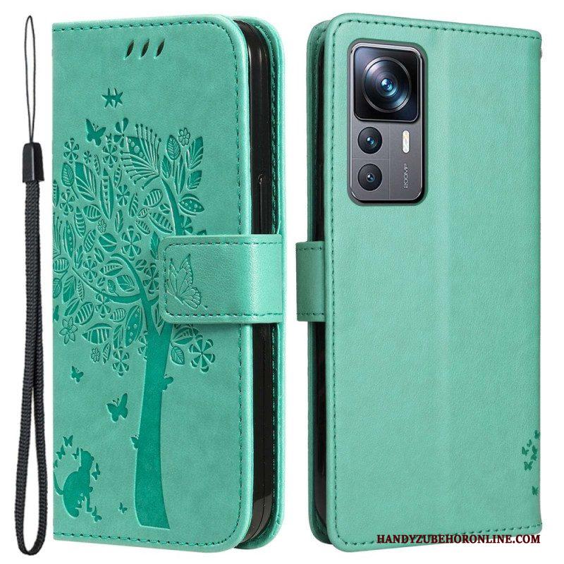 Leren Hoesje voor Xiaomi 12T / 12T Pro Met Ketting Kat Onder De String Tree