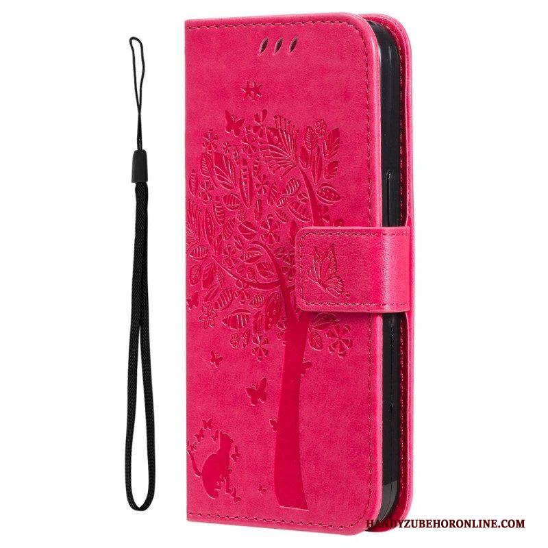 Leren Hoesje voor Xiaomi 12T / 12T Pro Met Ketting Kat Onder De String Tree