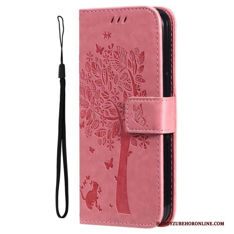 Leren Hoesje voor Xiaomi 12T / 12T Pro Met Ketting Kat Onder De String Tree