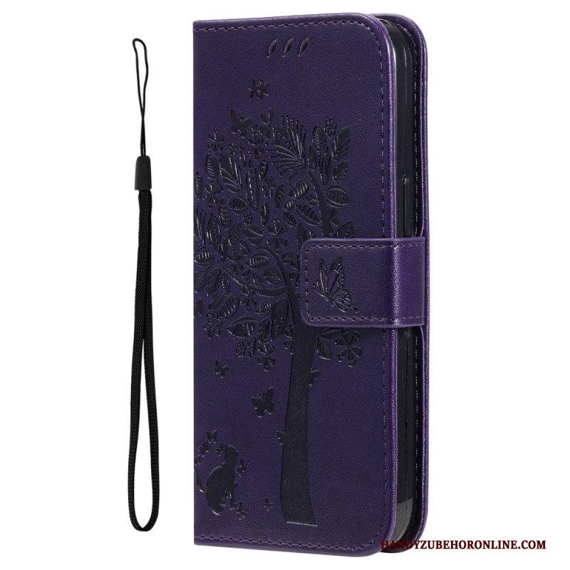 Leren Hoesje voor Xiaomi 12T / 12T Pro Met Ketting Kat Onder De String Tree