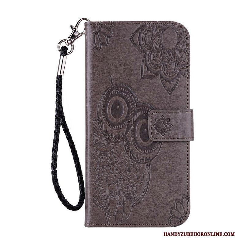 Leren Hoesje voor Xiaomi Redmi Note 10 / 10S Uil Mandala En Lanyard