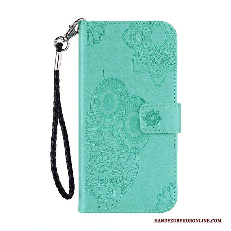 Leren Hoesje voor Xiaomi Redmi Note 10 / 10S Uil Mandala En Lanyard