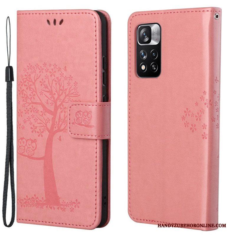 Leren Hoesje voor Xiaomi Redmi Note 11 Pro / 11 Pro 5G Met Ketting String Boom En Uilen