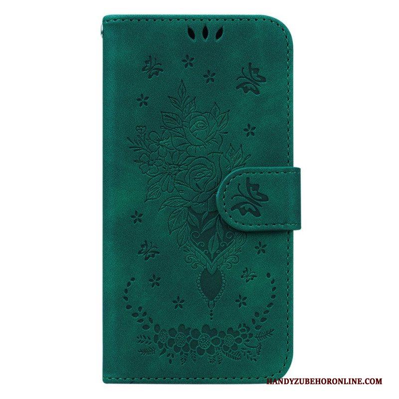Leren Hoesje voor Xiaomi Redmi Note 12 5G Met Ketting Strappy Rozen En Vlinders
