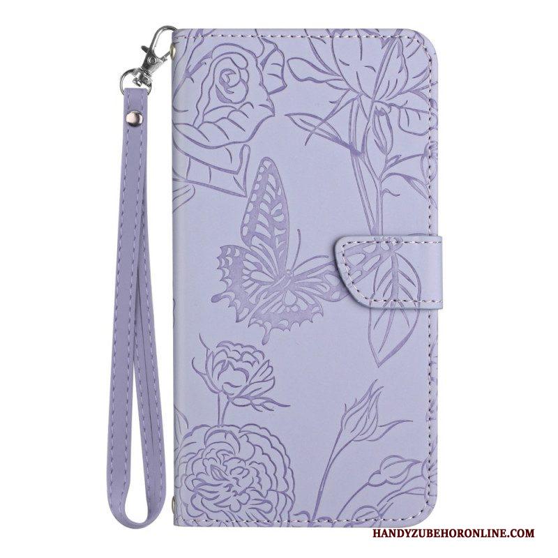 Leren Hoesje voor Xiaomi Redmi Note 12 5G Vlinders En Lanyard