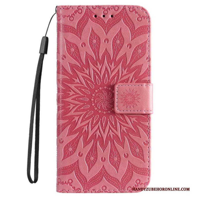 Leren Hoesje voor iPhone 14 Pro Max Mandala Zon Met Lanyard