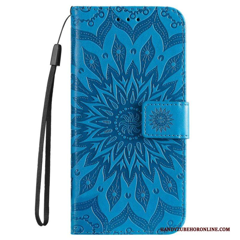 Leren Hoesje voor iPhone 14 Pro Max Mandala Zon Met Lanyard