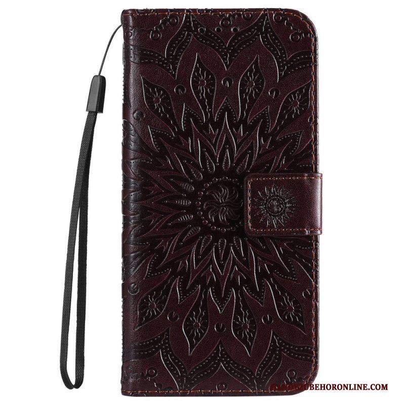 Leren Hoesje voor iPhone 14 Pro Max Mandala Zon Met Lanyard