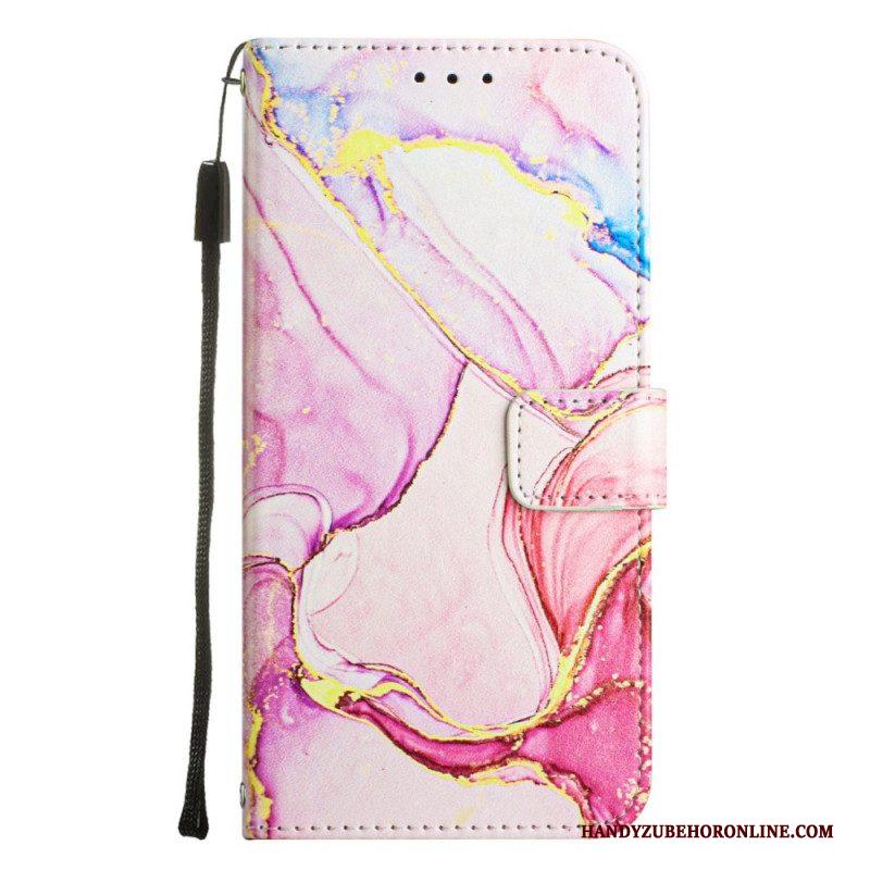 Leren Hoesje voor iPhone 14 Pro Max Met Ketting Marmer Strippen