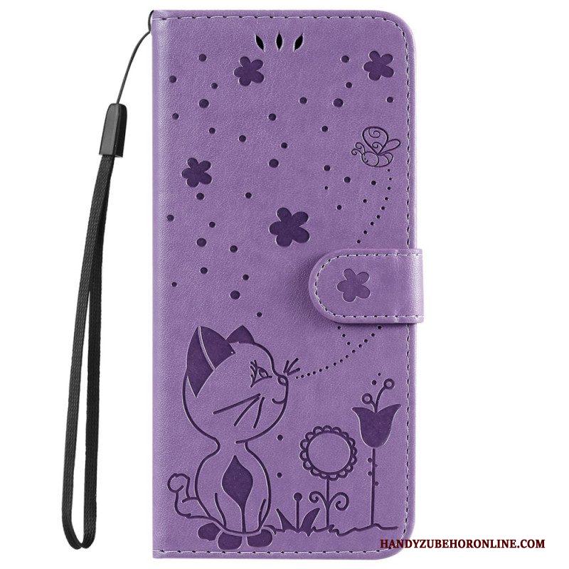 Leren Hoesje voor iPhone 14 Pro Max Met Ketting Strappy Kat En Bijen