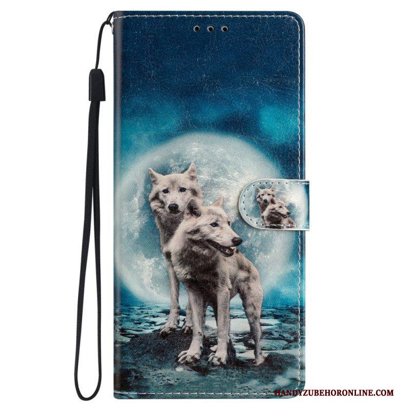 Leren Hoesje voor iPhone 15 Plus Met Ketting Lanyard Wolven