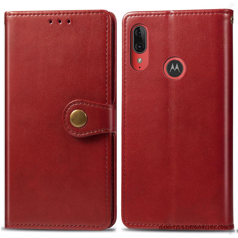 Moto E6 Plus Hoesje Telefoon Bedrijf Leren Etui Folio Eenvoudige Effen Kleur Rood