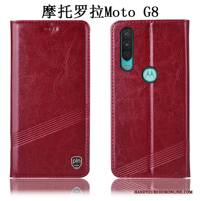 Moto G8 All Inclusive Hoes Echt Leer Hoesje Telefoon Rood Bescherming Anti-fall